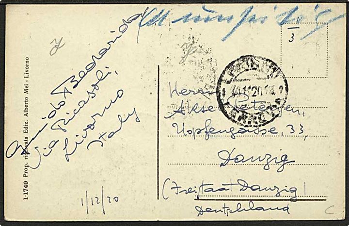5 c. på billedside af brevkort fra Livorno d. 30.11.1920 til Fristaten Danzig. Usædvanlig destination.