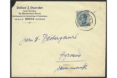 25 c. på fortrykt kuvert fra Davos (Schweiz) annulleret med mystisk stumt stempel d. 22.10.1915 til Horsens, Danmark.