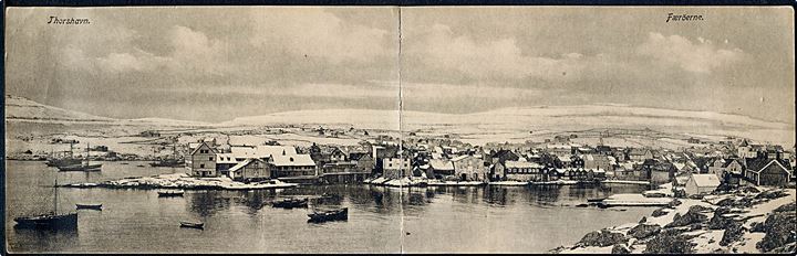 Thorshavn, dobbeltkort med panorama over havnen i sne. A. Brend u/no. Slidt.