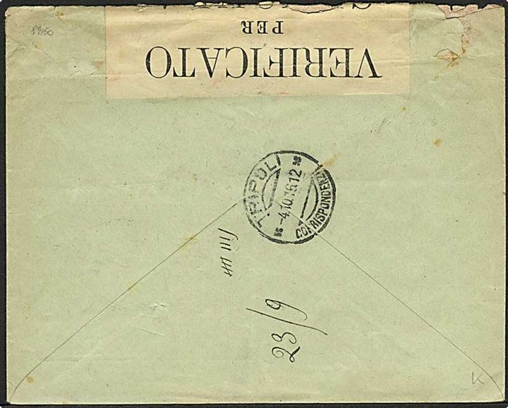 Italiensk Libyen. 20/15 c. Libia Provisorium på brev fra Bengasi d. 2.10.1916 til Triboli. Usædvanlig Bengasi censur.