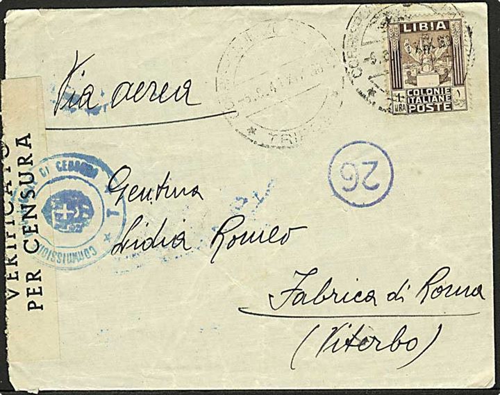 Italiensk Libyen. 1 L. single på luftpostbrev fra Tripoli d. 9.8.1941 til Fabrica di Roma, Italien. Åbnet af italiensk censur.