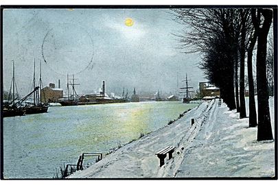 Odense kanal ved vinter i månelys. Warburg u/no.