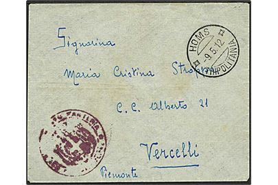 Italiensk Tripolitania. Ufrankeret feltpostbrev stemplet Homs Tripolitania d. 9.5.1912 til Vercelli, Italien. Rødt afd.-stempel.
