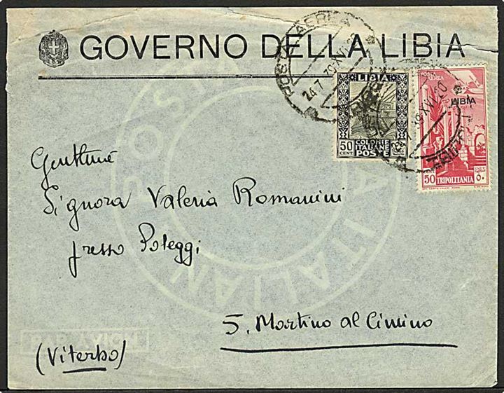 Italiensk Libyen. 50 c. Libia og 50 c. Libia provisorium på luftpostbrev fra Tripoli d. 24.7.1939 til San Martino al Cimino, Italien.