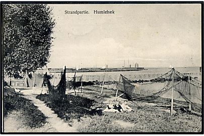 Humlebæk, strandparti med fiskenet. Budtz Müller no. 616.