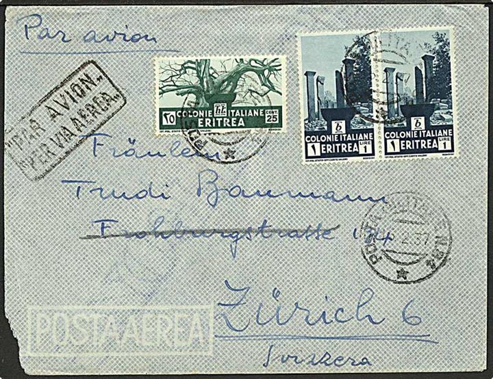 Italiensk Eritrea. 25 c. og 1 l. (par) på luftpostbrev annulleret med feltpoststempel Poste Militare No.84 d. 16.2.1937 til Zürich, Schweiz.