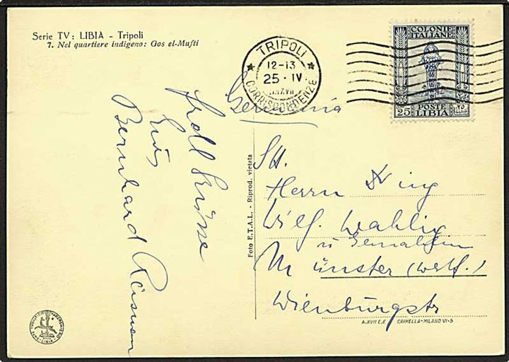 Italiensk Libyen. 25 c. single på brevkort fra Tripoli d. 25.4.1937 til Münster, Tyskland.