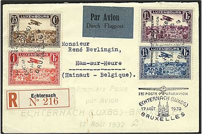 Komplet sæt Luftpost på anbefalet 1. flyvningskuvert fra Echternach d. 17.8.1932 via Bruxelles til Ham-sur-Heure, Belgien.