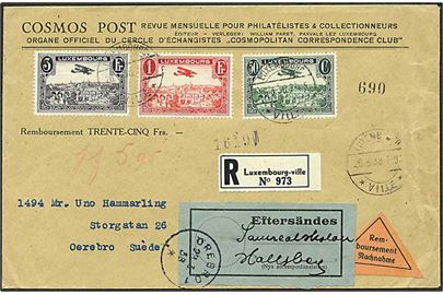 50 c., 1 fr. og 3 fr. Luftpost på anbefalet brev med opkrævning fra Luxembourg-Ville d. 26.3.1938 til Örebro, Sverige - eftersendt.