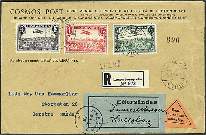 50 c., 1 fr. og 3 fr. Luftpost på anbefalet brev med opkrævning fra Luxembourg-Ville d. 26.3.1938 til Örebro, Sverige - eftersendt.