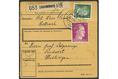 Tysk besat Luxemburg. 5 pfg. og 40 pfg. Hitler udg. på adressekort fra Luxemburg d. 6.6.1944 til Harlingen.
