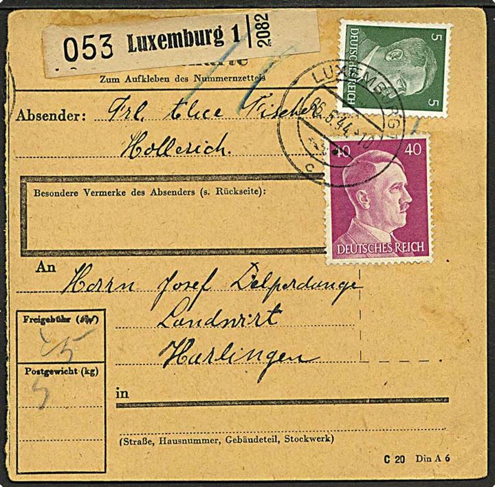 Tysk besat Luxemburg. 5 pfg. og 40 pfg. Hitler udg. på adressekort fra Luxemburg d. 6.6.1944 til Harlingen.