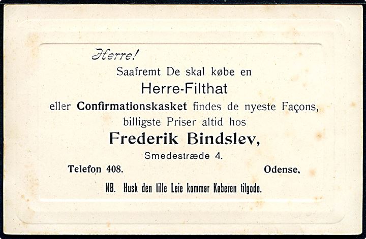 Odense, Rådhus. Kartonkort med reklame for Frederik Bindslev, Smedestræde 4, Odense. U/no.