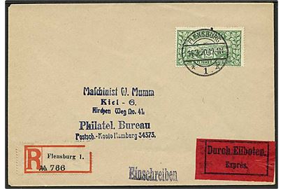 5 mk. Fælles udg. single på filatelistisk anbefalet ekspresbrev fra Flensburg d. 14.3.1920 til Kiel.