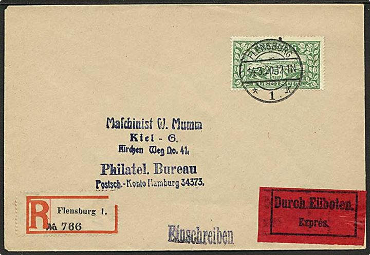 5 mk. Fælles udg. single på filatelistisk anbefalet ekspresbrev fra Flensburg d. 14.3.1920 til Kiel.