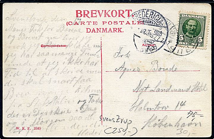 Svendstrup, sø. Warburg no. 3585. Frankeret med 5 øre Fr. VIII annulleret svagt stjernestempel SVENDSTRUP og sidestemplet bureau Fredericia - Aalborg T.963 i 1907.