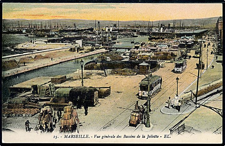 Frankrig, Marseille, Vue generale des Bassins de la Joliette med sporvogne. No. 15.