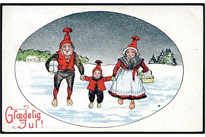 Margethe Hyldahl. Tegnet julekort med Nisse familie. A. Vincent serie 650/4.