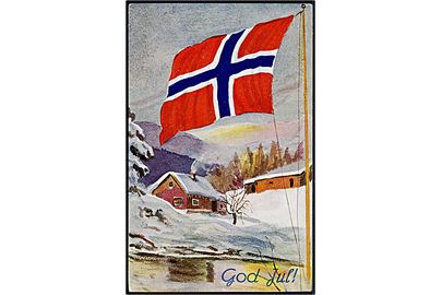 Norge.  Julekort med vintermotiv og det Norske flag. M. & Co. serie no. 2460.