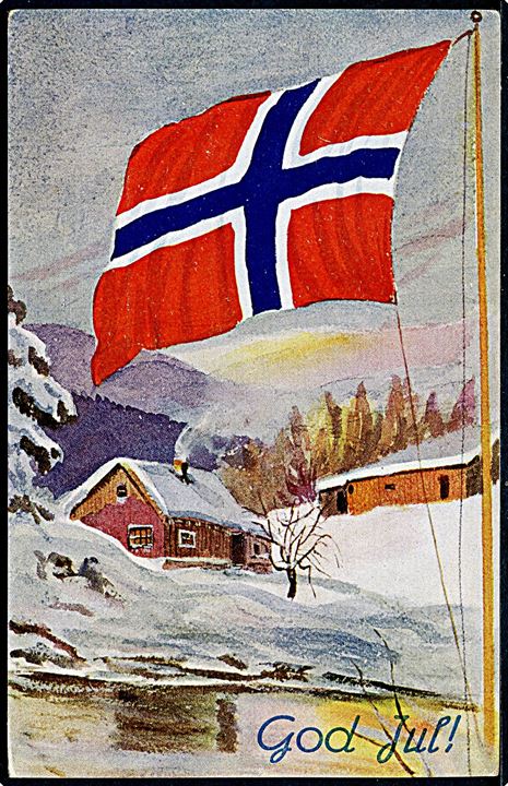 Norge.  Julekort med vintermotiv og det Norske flag. M. & Co. serie no. 2460.