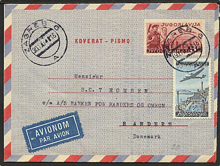 5 din helsags aerogram opfrankeret med 2 din. Luftpost fra Zagreb d. 30.9.1948 til Randers, Danmark.