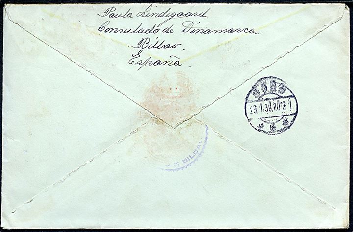 1,40 Pts. blandingsfrankeret anbefalet brev fra det danske konsulat i Bilbao d. x.1.1939 til Sorø, Danmark. Lokal spansk censur fra Bilbao. Lukkeoblat på bagsiden mangler.