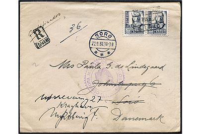 50 cts. Isabel i parstykke på anbefalet brev fra Bilbao d. 17.9.1938 til Sorø, Danmark - eftersendt til Nykøbing F. Lokal spansk censur fra Bilbao.