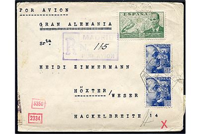 70 cts. Franco (par) og 2 pts. Luftpost på anbefalet luftpostbrev fra Madrid d. 18.12.1940 til Höxter, Tyskland. Både tysk og spansk censur.