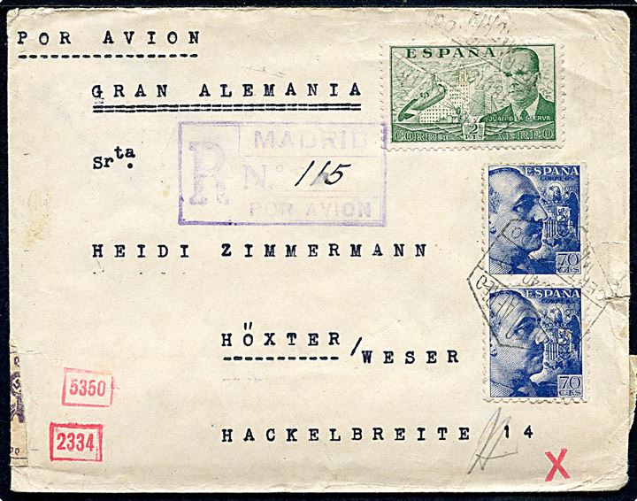 70 cts. Franco (par) og 2 pts. Luftpost på anbefalet luftpostbrev fra Madrid d. 18.12.1940 til Höxter, Tyskland. Både tysk og spansk censur.