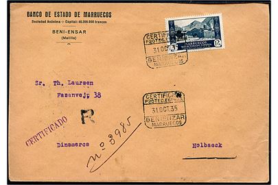 Spansk Marokko. 3 pta. Landskab single på anbefalet brev fra Beni-Enzar Melilla d. 31.10.1935 til Holbæk, Danmark.