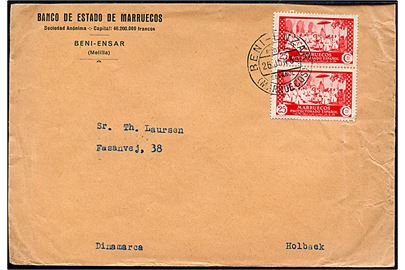 Spansk Marokko. 25 cts. Landskab i parstykjke fra Beni-Enzar Melilla d. 26.6.1935 til Holbæk, Danmark.