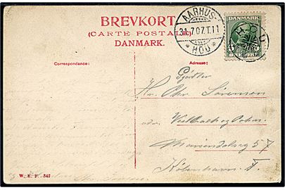 5 øre Fr. VIII på brevkort annulleret med stjernestempel HOU og sidestemplet Aarhus - * Hou * T.11 d. 31.7.1907 til København.