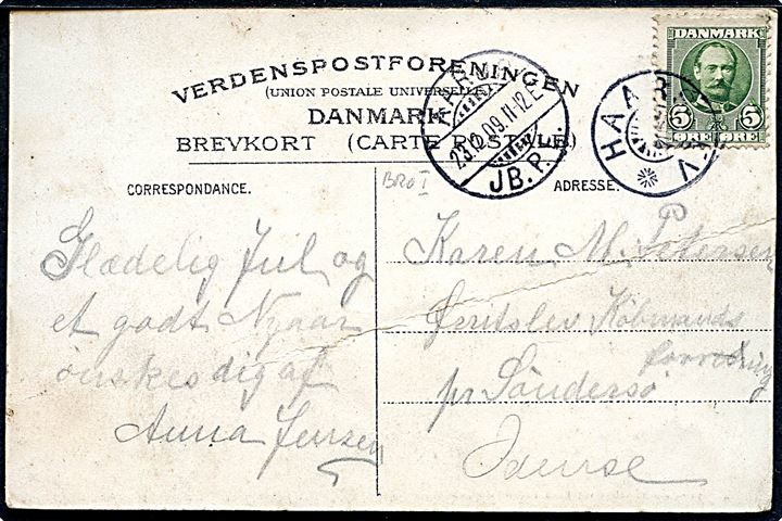 5 øre Fr. VIII på brevkort (Stige Badehotel) annulleret med stjernestempel HAARSLEV og sidestemplet Aarup JB.P.E. d. 23.12.1909 til Søndersø. Fold.