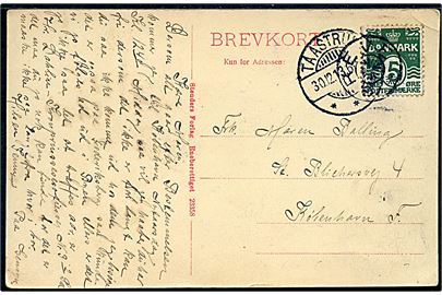 5 øre Bølgelinie på brevkort (Bangsbo mølle) annulleret med stjernestempel GREVE og sidestemplet Taastrup d. 30.12.1913 til København.