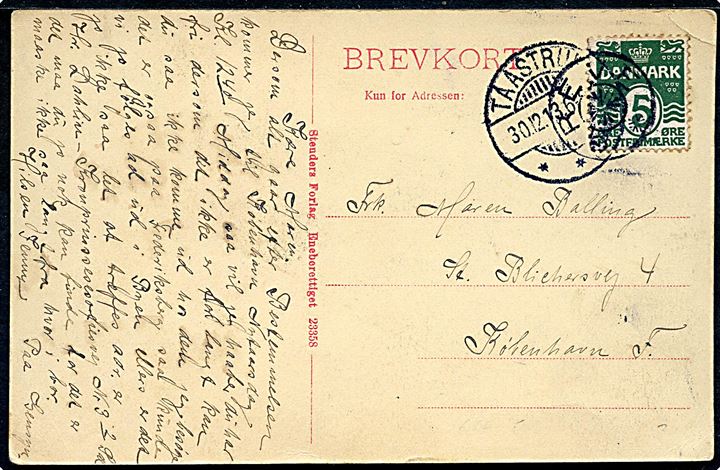 5 øre Bølgelinie på brevkort (Bangsbo mølle) annulleret med stjernestempel GREVE og sidestemplet Taastrup d. 30.12.1913 til København.
