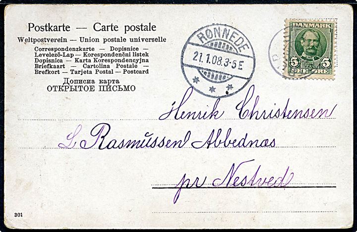 5 øre Fr. VIII på brevkort annulleret med svagt stjernestempel STAUNSTRUP og sidestemplet Rønnede d. 21.1.1908 til Abbednæs pr. Næstved.