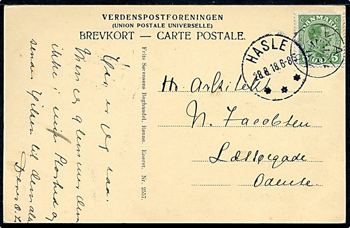 5 øre Chr. X på brevkort annulleret med stjernestempel VANG og sidestemplet Hasle d. 28.8.1918 til Odense.