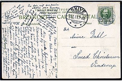 5 øre Fr. VIII på brevkort annulleret med stjernestempel VRIDSTED og sidestemplet Skive d. 18.2.1911 til Vinderup.