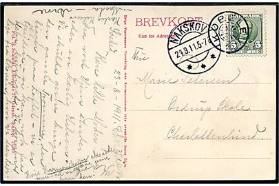 5 øre Fr. VIII på brevkort (Rolykke Dyrlægebolig, Nakskov) annulleret med stjernestempel KØBELEV og sidestemplet Nakskov d. 24.8.1911 til Charlottenlund.