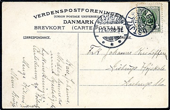 5 øre Fr. VIII på brevkort annulleret med stjernestempel LYNGBY ØSTJYLL. og sidestemplet Skjørping d. 14.7.1909 til Gistrup.