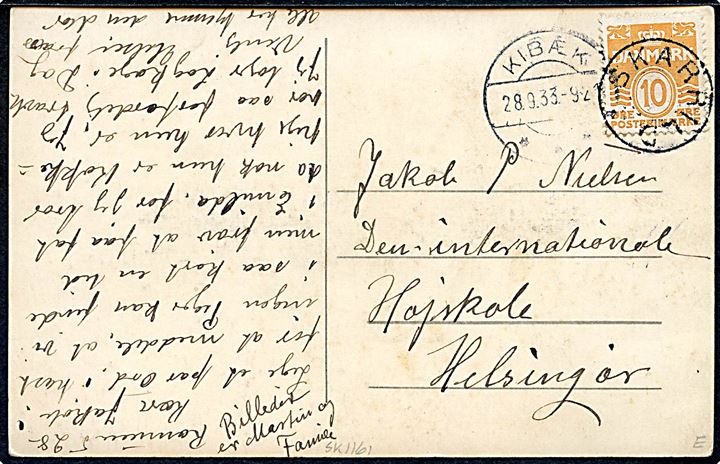 10 øre Bølgelinie på brevkort annulleret med udslebet stjernestempel SKARRILD og sidestemplet Kibæk d. 28.9.1933 til Helsingør.