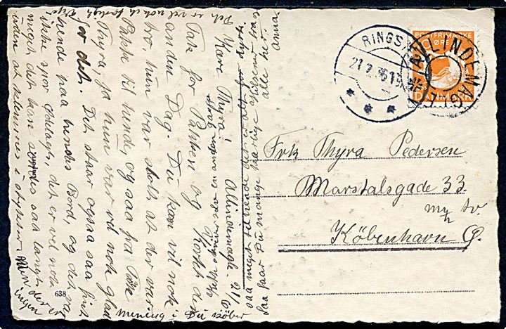 10 øre H. C. Andersen på brevkort annulleret med udslebet stjernestempel ALLINDEMAGLE og sidestemplet Ringsted d. 21.2.1936 til København.  