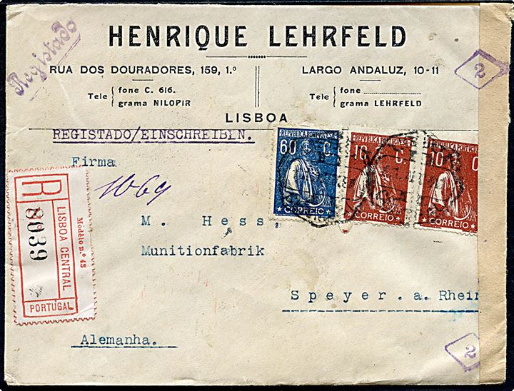 10 c. (2) og 60 c. på anbefalet brev fra Lissabon 1921 til Speyer, Tyskland. Åbnet af tysk toldkontrol.