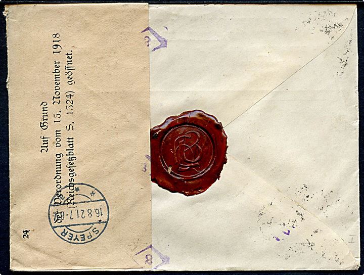 10 c. (2) og 60 c. på anbefalet brev fra Lissabon 1921 til Speyer, Tyskland. Åbnet af tysk toldkontrol.