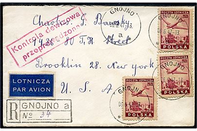 20 zl. (3) på anbefalet luftpostbrev fra Gnojno d. 6.6.1947 til Brooklyn, USA. På bagsiden polsk velgørenheds-mærkat. 