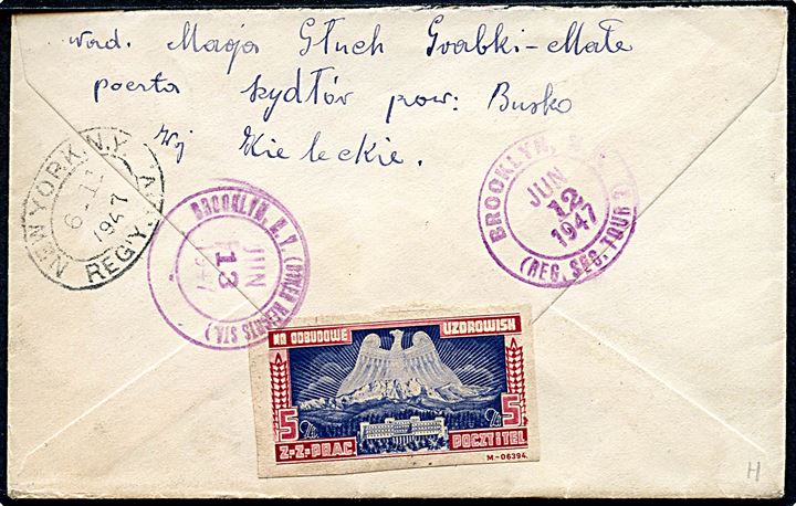 20 zl. (3) på anbefalet luftpostbrev fra Gnojno d. 6.6.1947 til Brooklyn, USA. På bagsiden polsk velgørenheds-mærkat. 