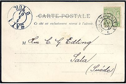 5 c. på tryksag-kort annulleret med fransk bureaustempel Nice a Marseille d. 2.5.1901 til Sala, Sverige.