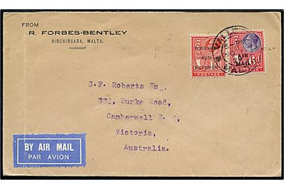 1½ Postage & Revenue og 6d Air Mail provisorium på luftpostbrev fra Valletta d. 6.11.1929 via Melbourne til Camberwell, Victoria, Australien.