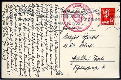 20 øre Løve på brevkort (Havneparti fra Hammerfest) annulleret Trondheim d. 24.7.1935 og sidestemplet Hochseefahrt / HAPAG / M/S St. Louis til Halle, Tyskland.