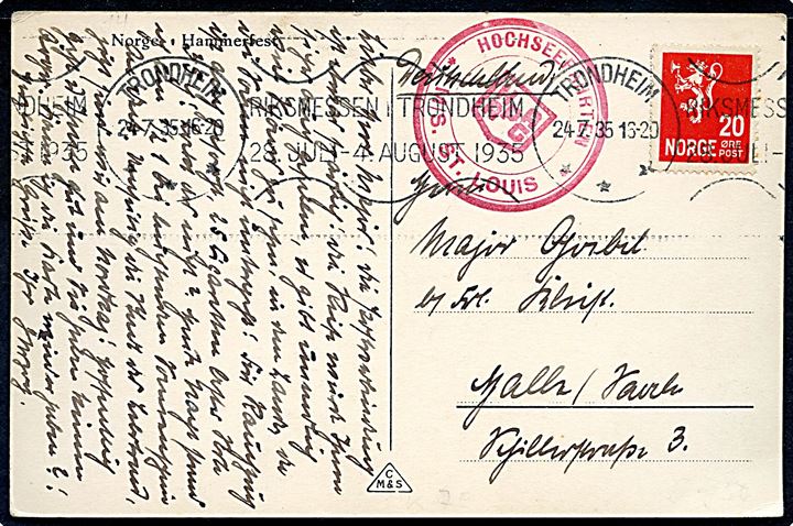 20 øre Løve på brevkort (Havneparti fra Hammerfest) annulleret Trondheim d. 24.7.1935 og sidestemplet Hochseefahrt / HAPAG / M/S St. Louis til Halle, Tyskland.
